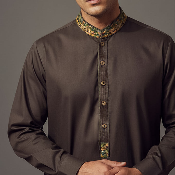 Poly Viscose Coffee Bean Classic Fit Embroidered Suit