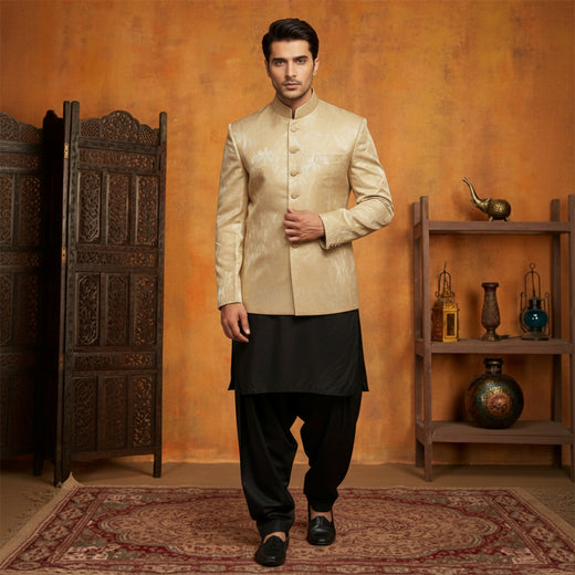 Premium Viscose Jamawar Light Gold Jacket