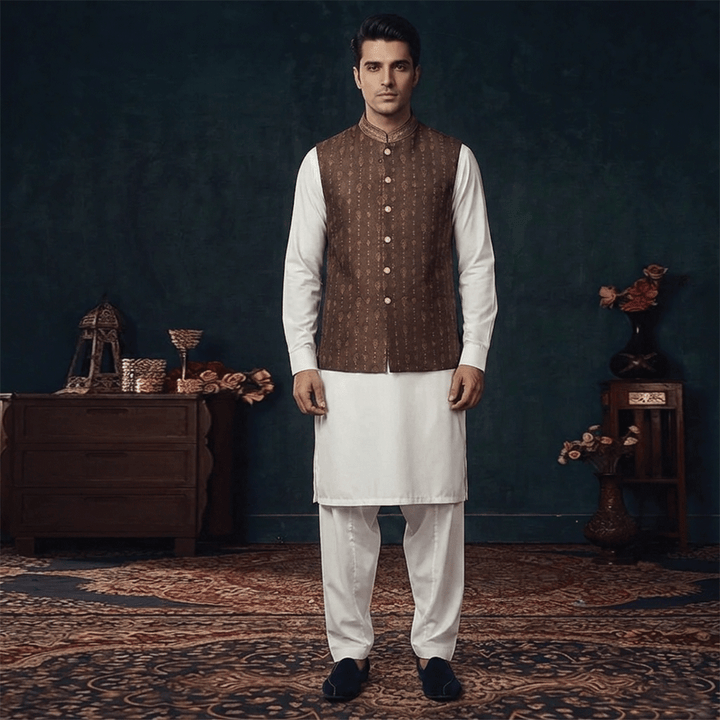 Premium Jamawar Brown Traditional Waistcoat