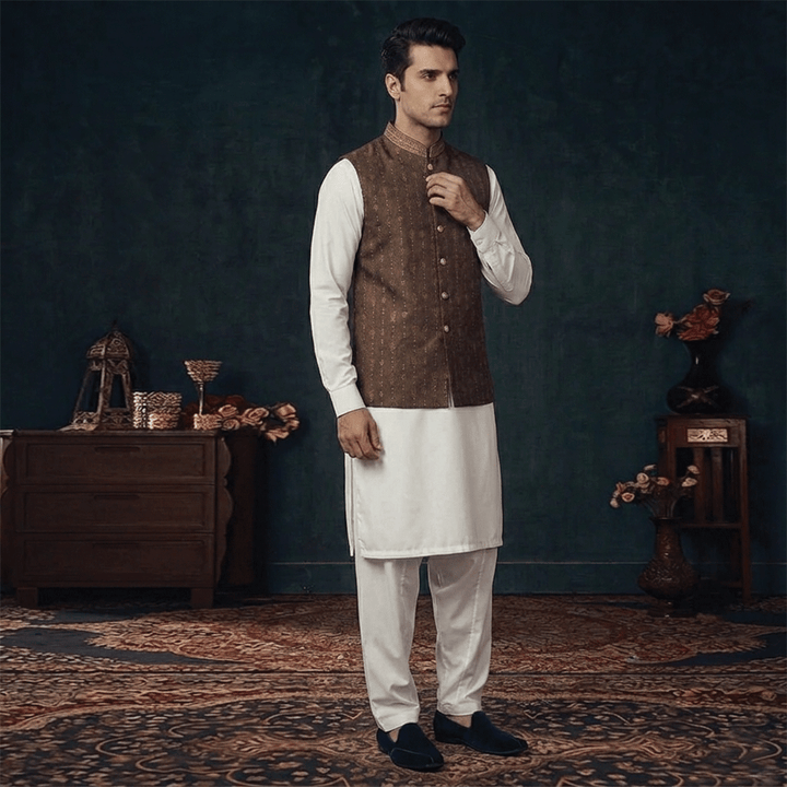 Premium Jamawar Brown Traditional Waistcoat