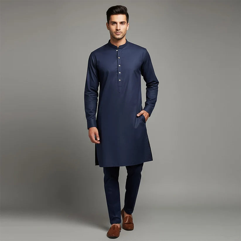 Slim Fit Band Collar Plain Kurta Pajama