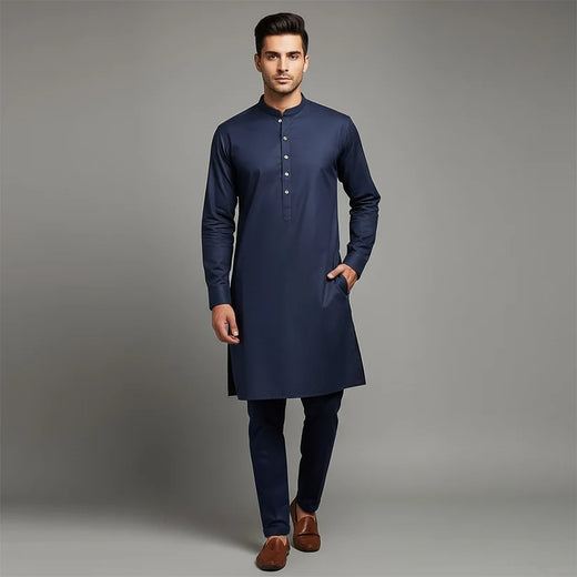 Slim Fit Band Collar Plain Kurta Pajama