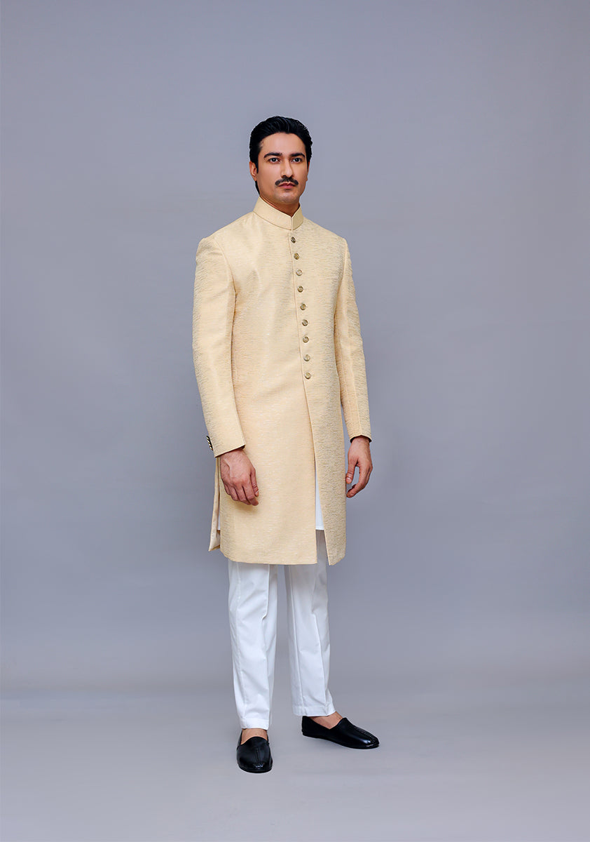 Premium Kambal Jamawar Almond buff Traditional Sherwani
