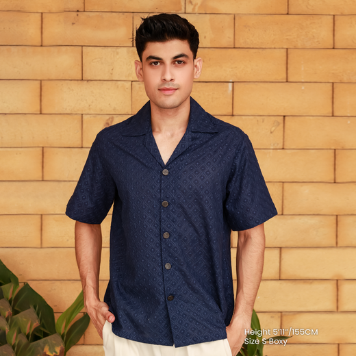 Men's Navy Schiffli Cotton Cuban Collar Half Sleeve Shirt