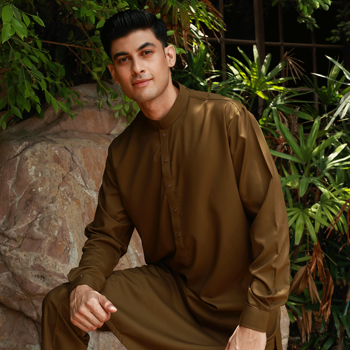 Slim Fit Band Collar Plain Suit