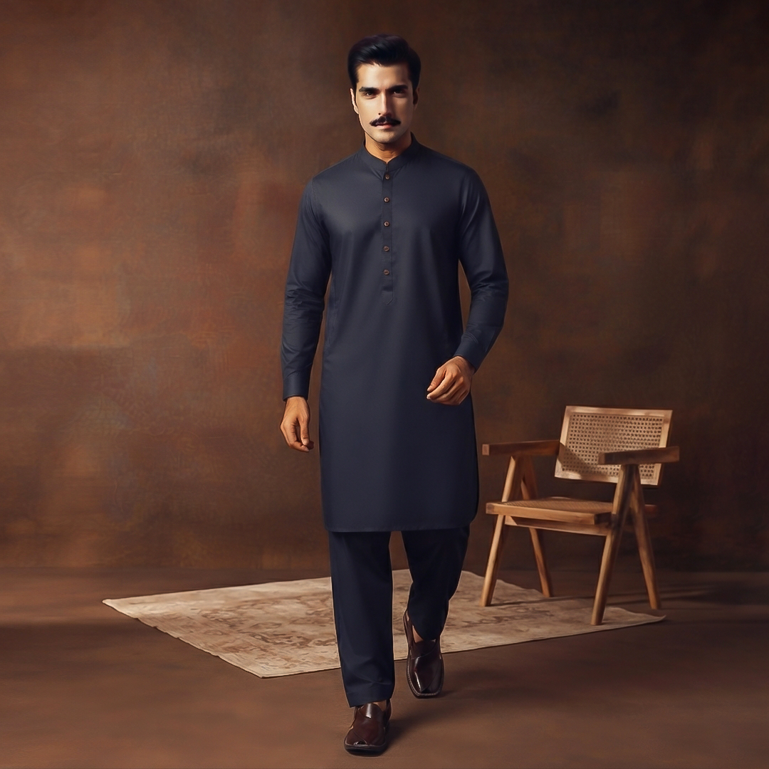 Classic Fit Band Collar Plain Kameez Shalwar
