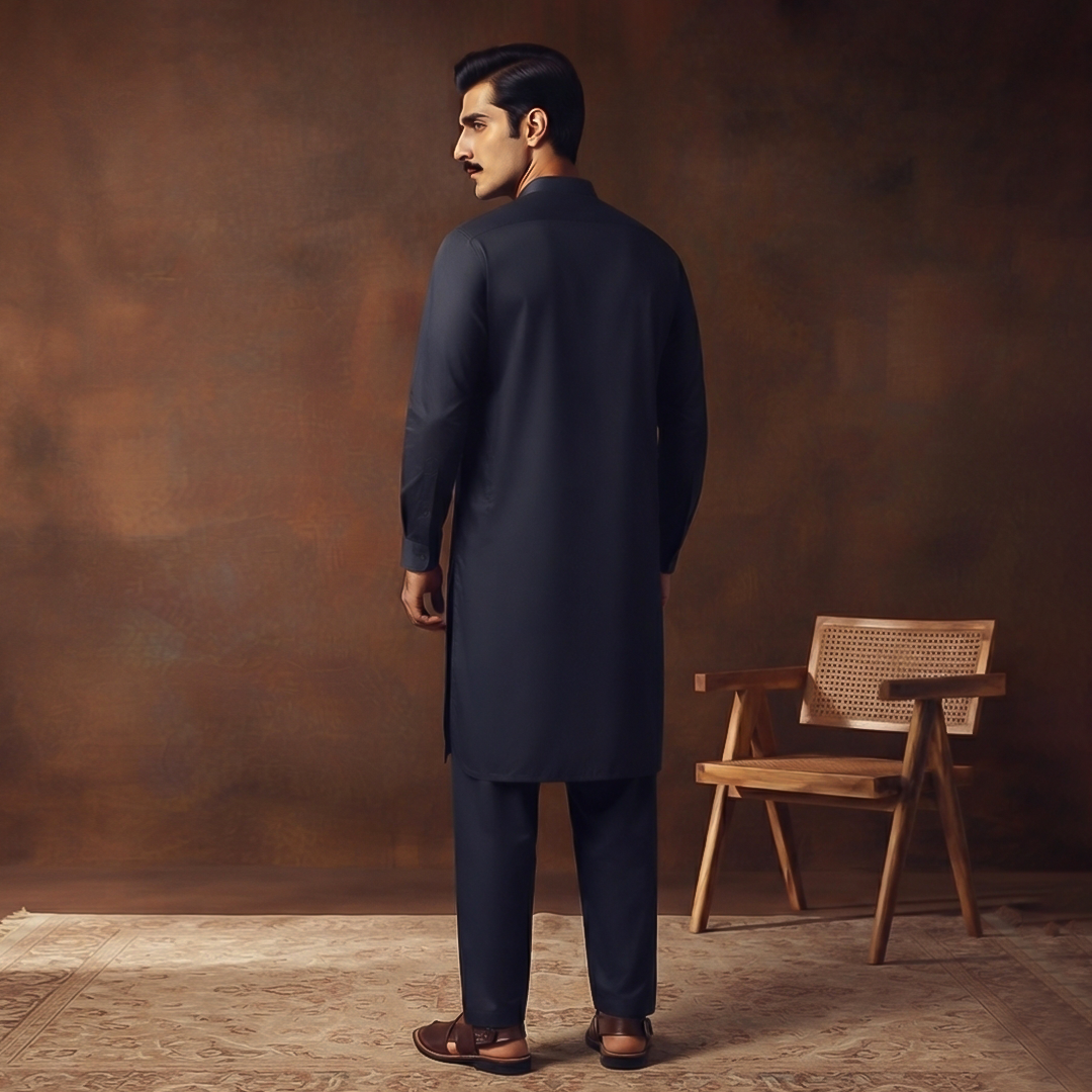 Classic Fit Band Collar Plain Kameez Shalwar