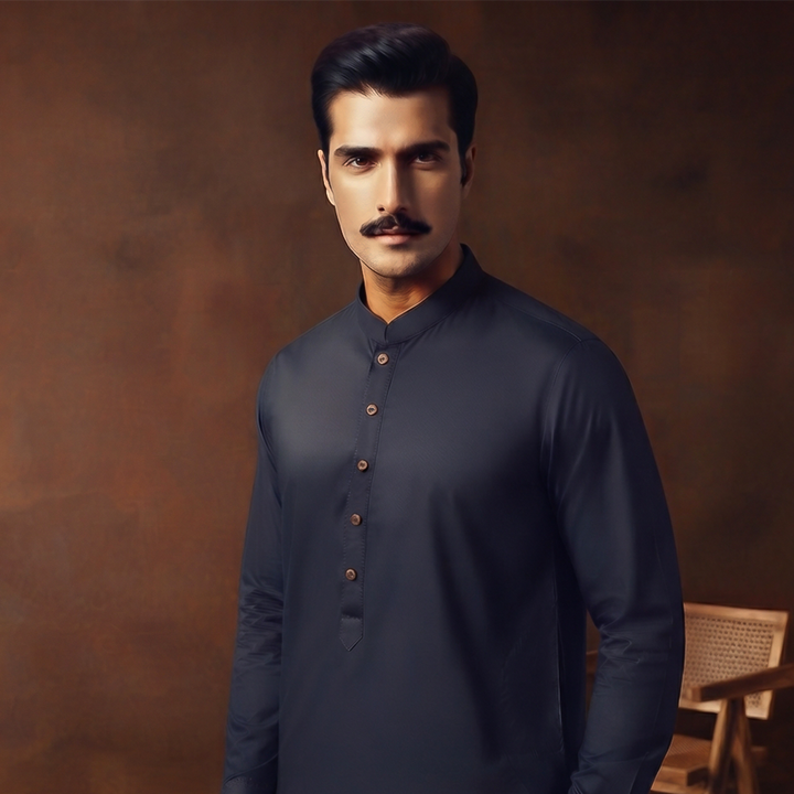 Classic Fit Band Collar Plain Kameez Shalwar
