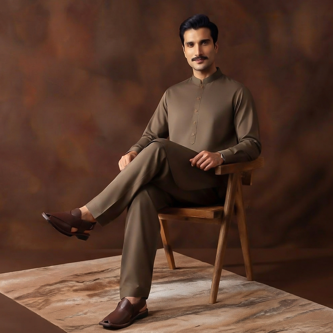 Classic Fit Band Collar Plain Kameez Shalwar