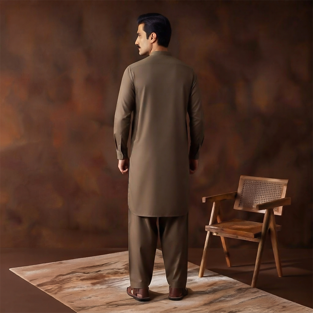 Classic Fit Band Collar Plain Kameez Shalwar