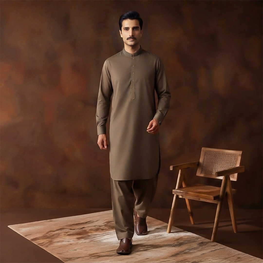 Classic Fit Band Collar Plain Kameez Shalwar