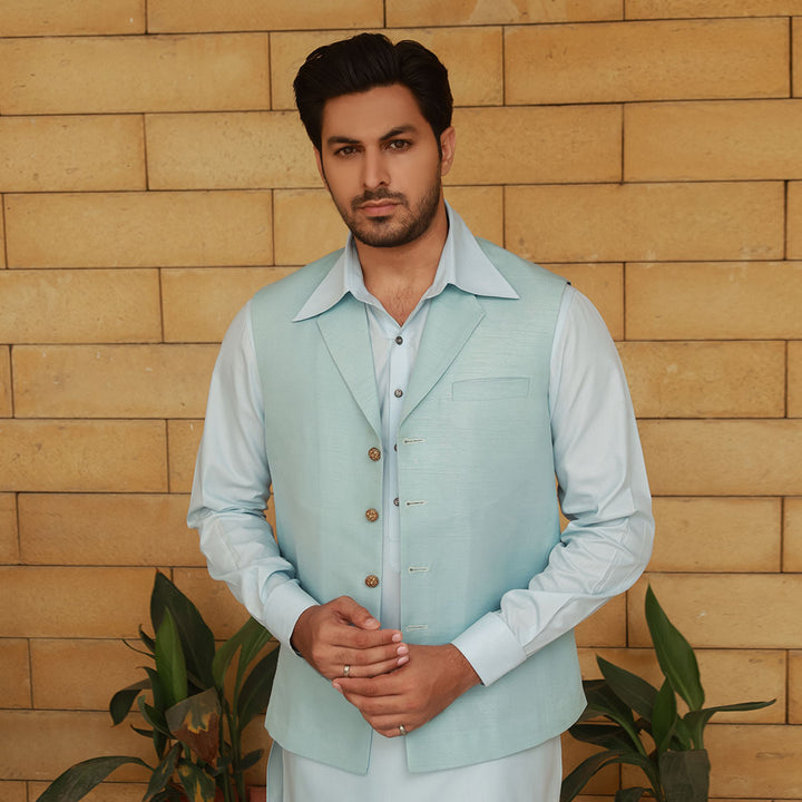 Ice Blue Notch Collar Waistcoat with Kameez Shalwar