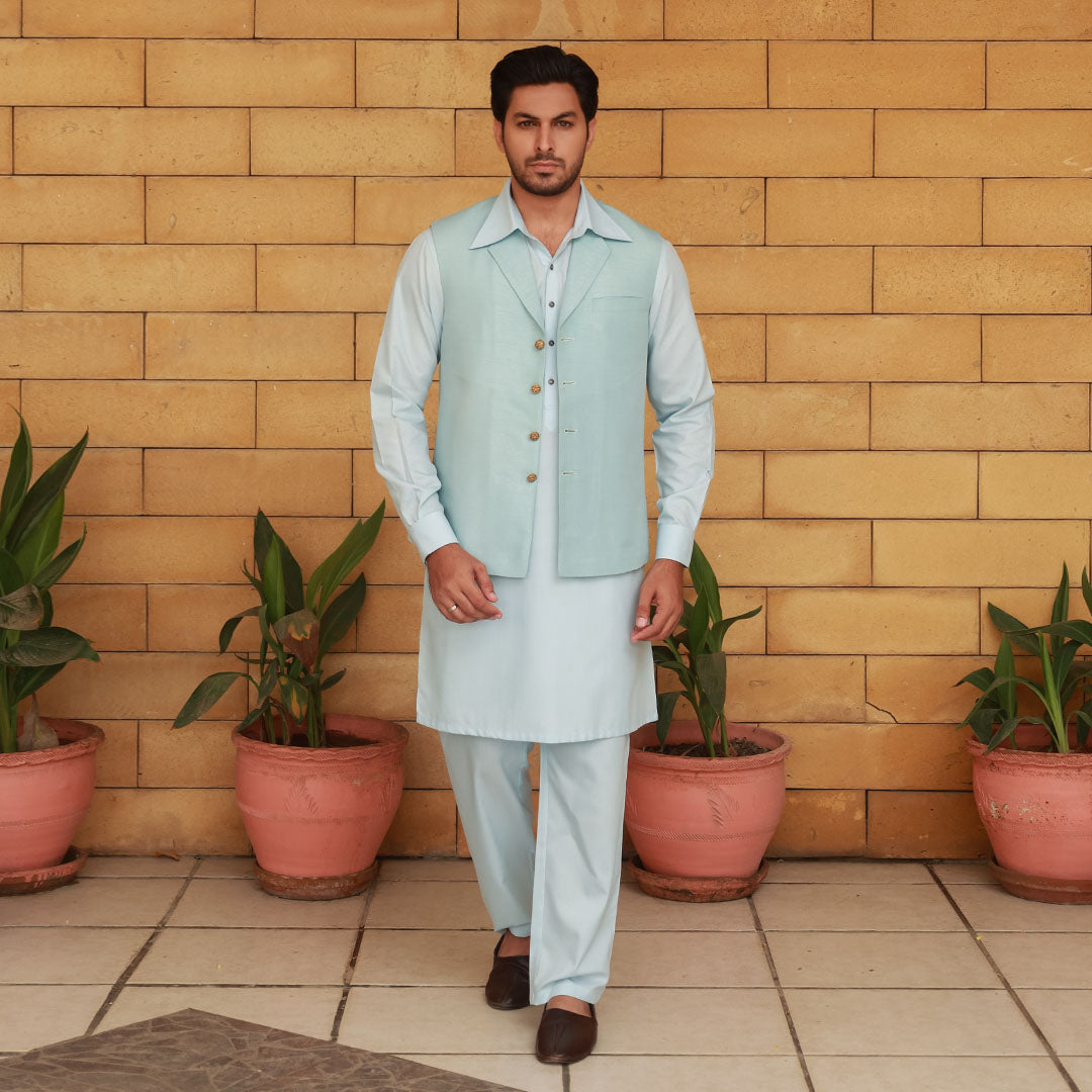 Ice Blue Notch Collar Waistcoat with Kameez Shalwar