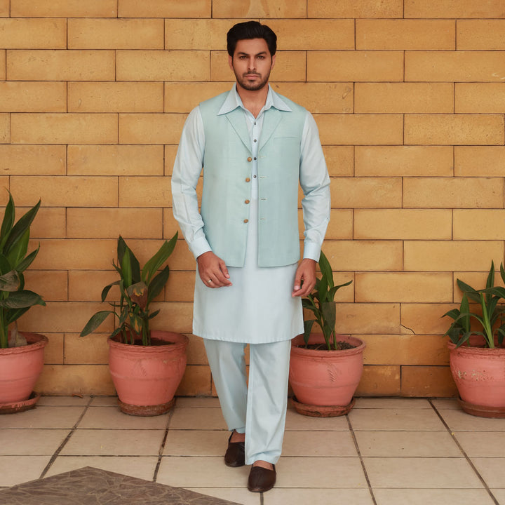 Ice Blue Notch Collar Waistcoat with Kameez Shalwar