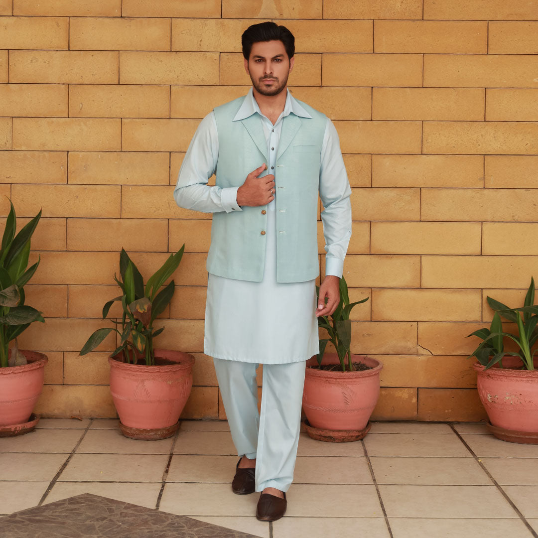 Ice Blue Notch Collar Waistcoat with Kameez Shalwar