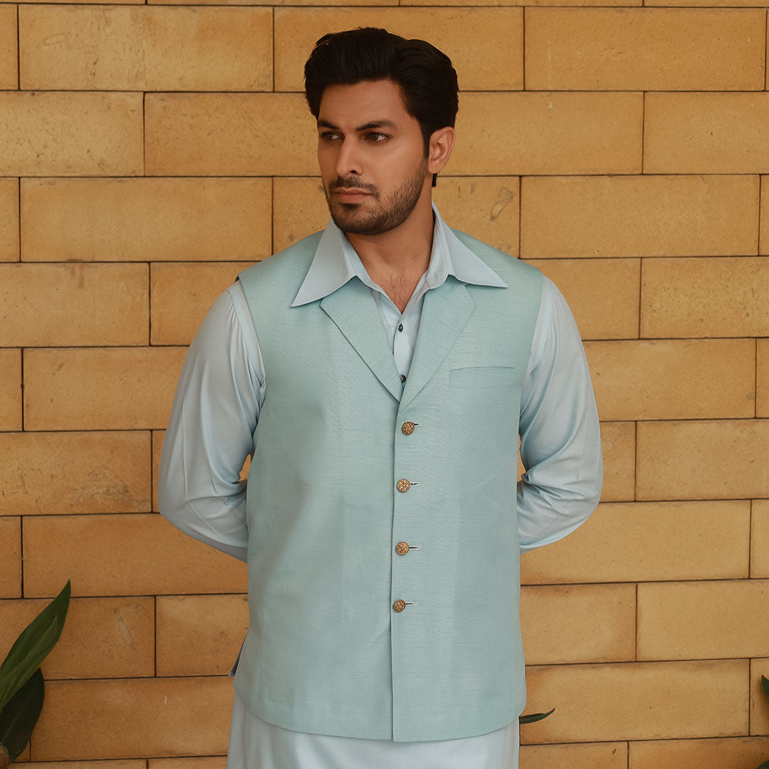 Ice Blue Notch Collar Waistcoat with Kameez Shalwar