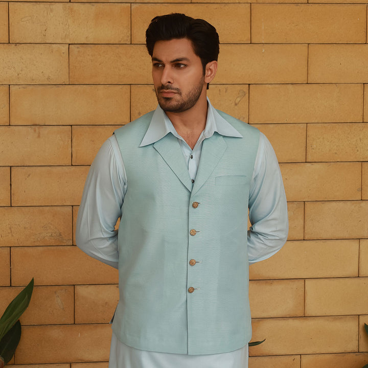 Ice Blue Notch Collar Waistcoat with Kameez Shalwar