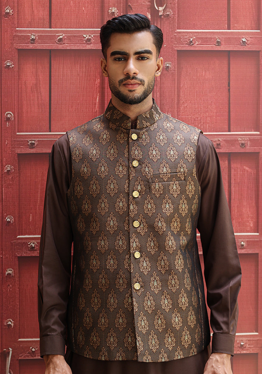 Jamawar Brown Traditional Waistcoat