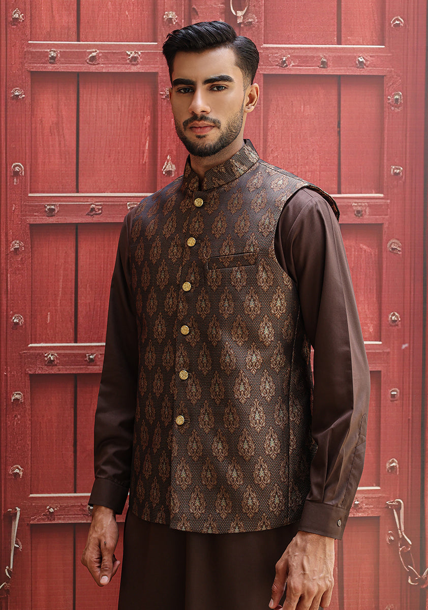 Jamawar Brown Traditional Waistcoat
