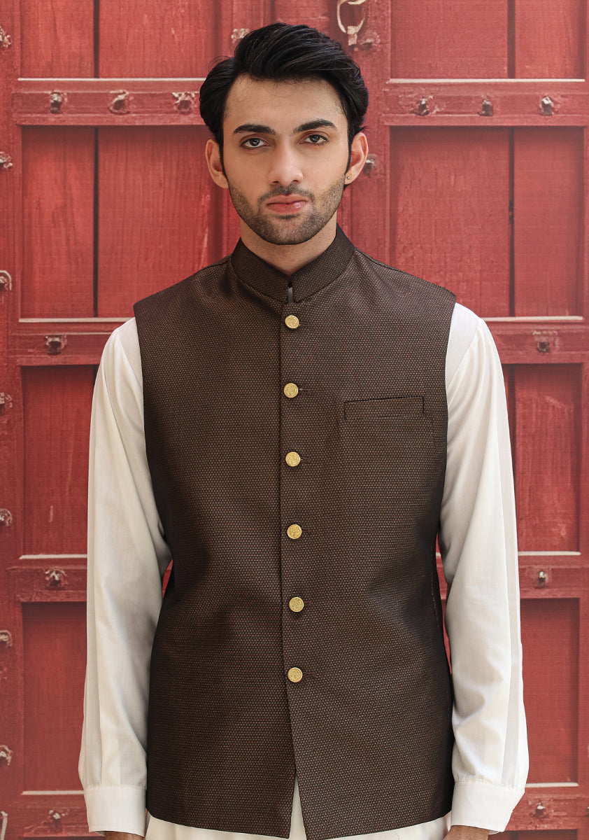 Jamawar Maroon Traditional Waistcoat