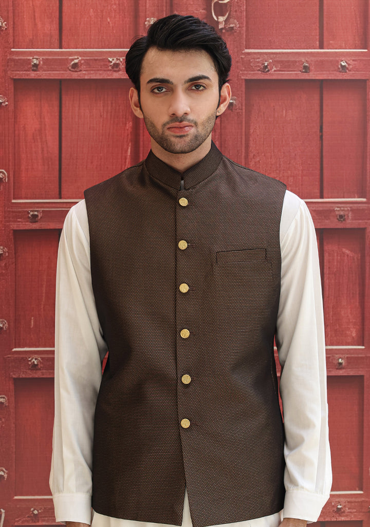 Jamawar Maroon Traditional Waistcoat