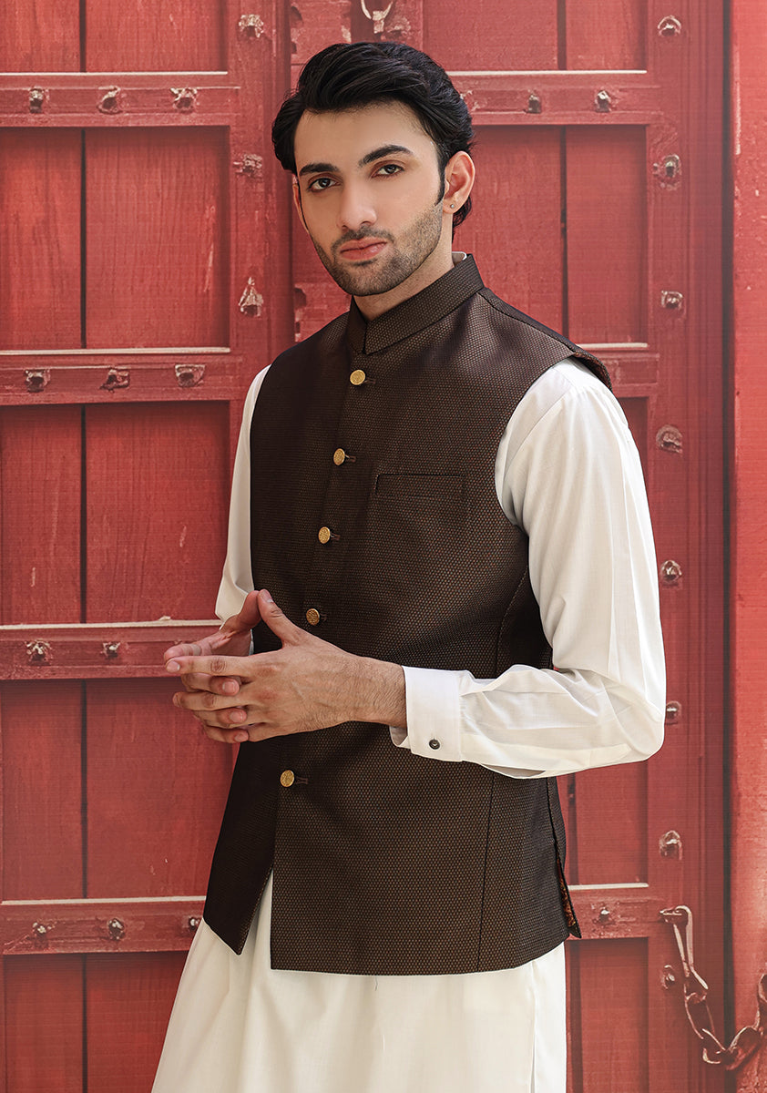 Jamawar Maroon Traditional Waistcoat