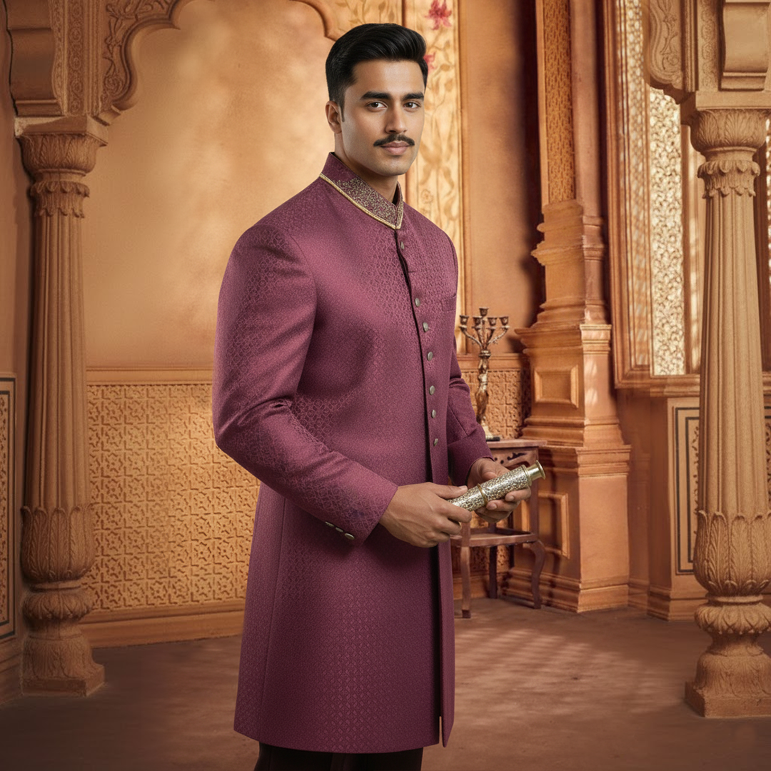 Jamawar Prune Slightly Defected plain Sherwani