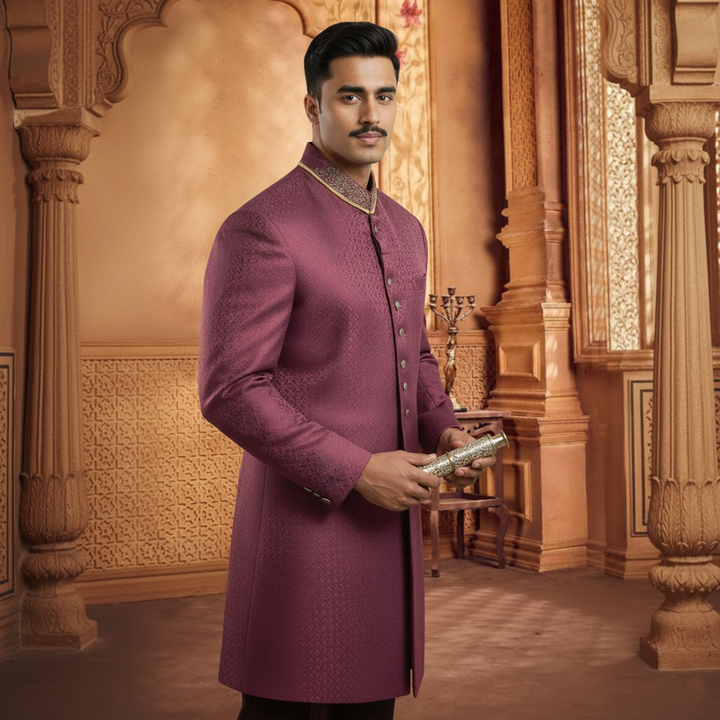 Jamawar Prune Slightly Defected plain Sherwani