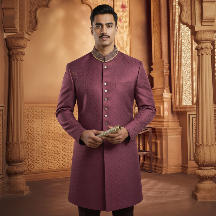 Jamawar Prune Slightly Defected plain Sherwani