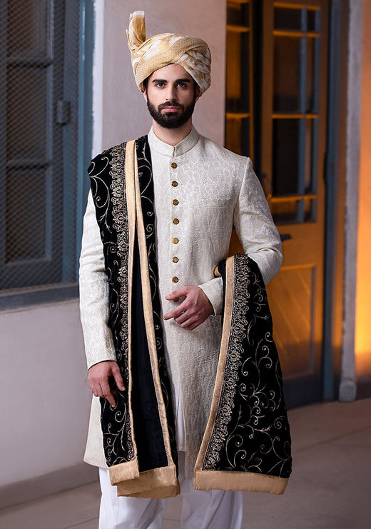 Karandi Jamawar Silver Slightly Defected Plain Sherwani