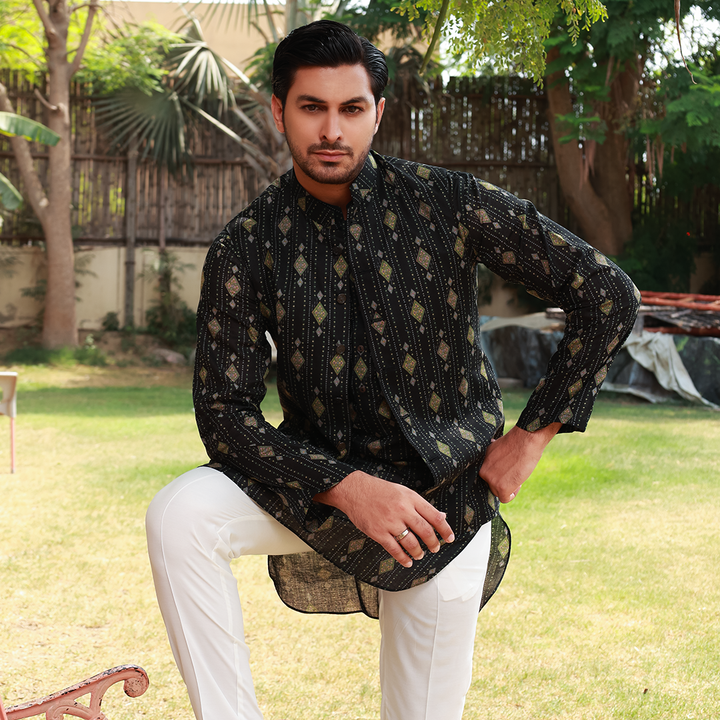 Men's Black Pure Cotton Linen Kurta Set with Waistcoat & Wide Leg Trouser
