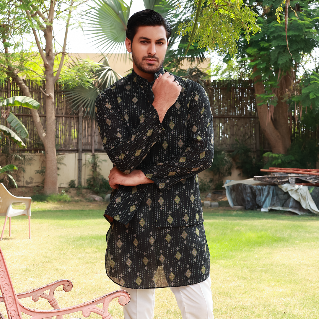 Men's Black Pure Cotton Linen Kurta Set with Waistcoat & Wide Leg Trouser
