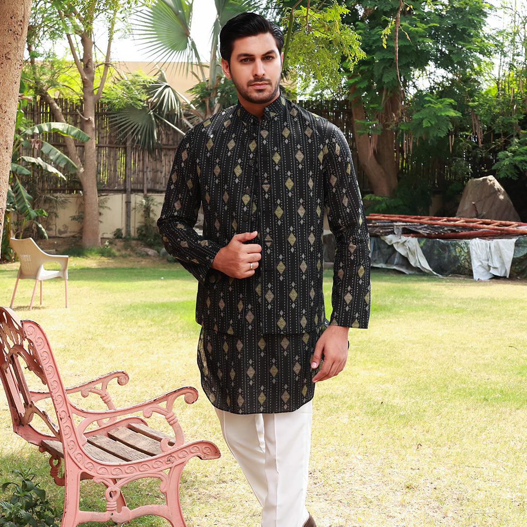Men's Black Pure Cotton Linen Kurta Set with Waistcoat & Wide Leg Trouser