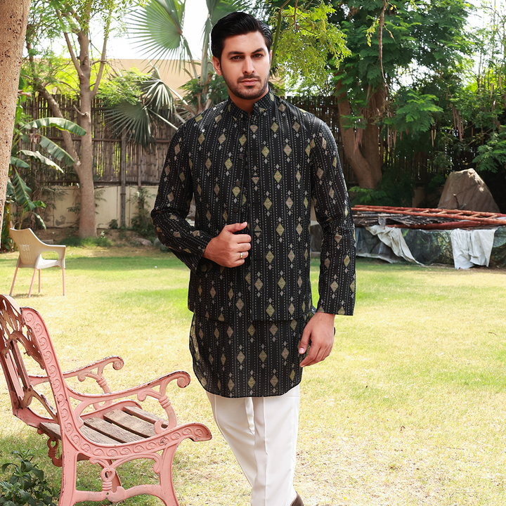 Men's Black Pure Cotton Linen Kurta Set with Waistcoat & Wide Leg Trouser