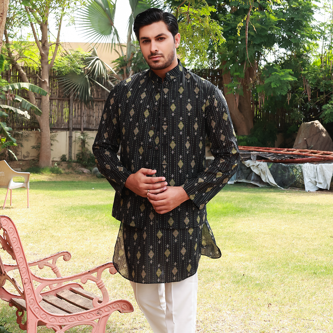 Men's Black Pure Cotton Linen Kurta Set with Waistcoat & Wide Leg Trouser