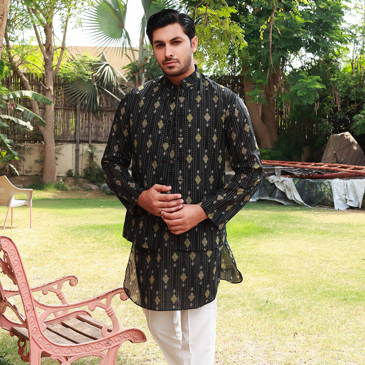 Men's Black Pure Cotton Linen Kurta Set with Waistcoat & Wide Leg Trouser