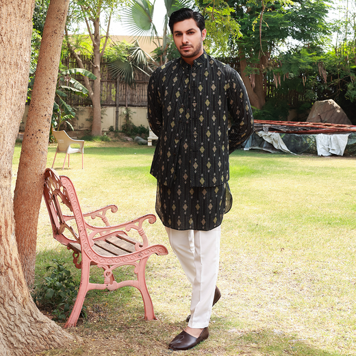 Men's Black Pure Cotton Linen Kurta Set with Waistcoat & Wide Leg Trouser