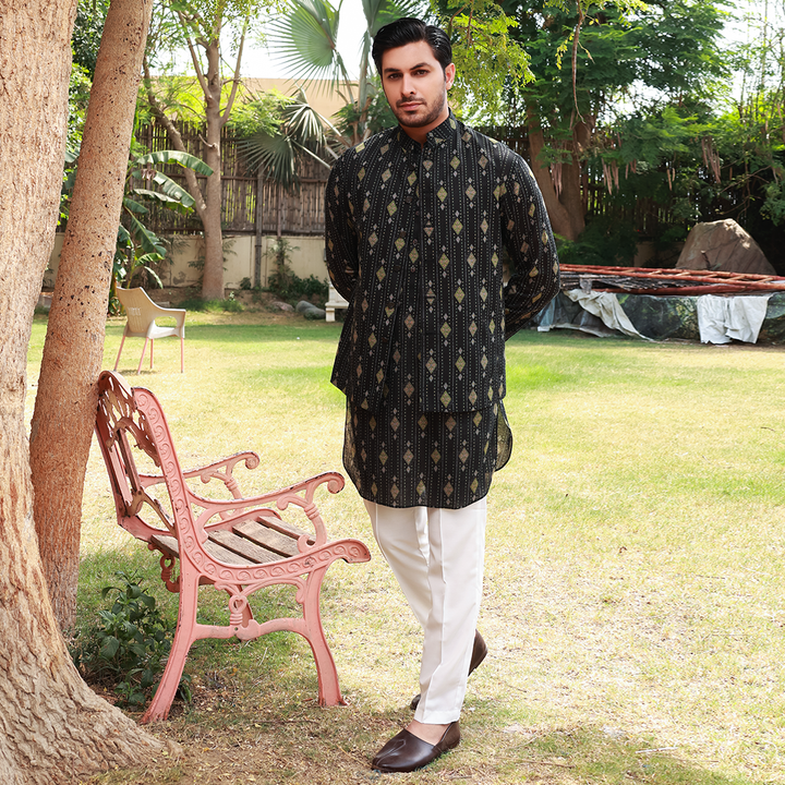 Men's Black Pure Cotton Linen Kurta Set with Waistcoat & Wide Leg Trouser