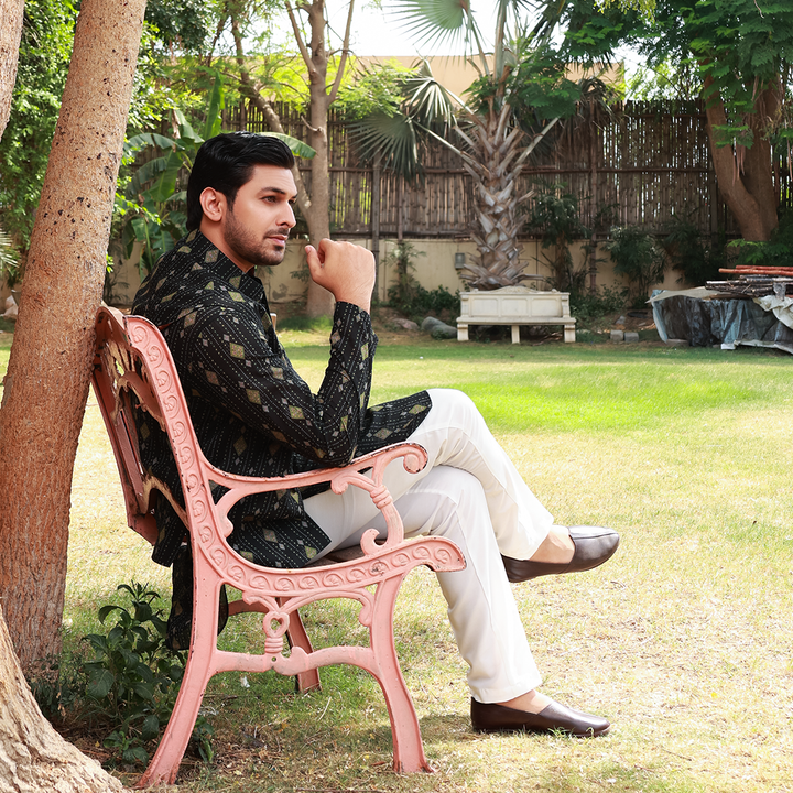 Men's Black Pure Cotton Linen Kurta Set with Waistcoat & Wide Leg Trouser