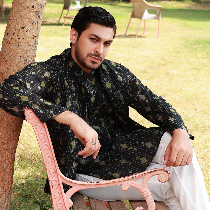Men's Black Pure Cotton Linen Kurta Set with Waistcoat & Wide Leg Trouser