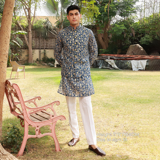 Men's Blue Pure Cotton Linen Kurta Set with Waistcoat & Wide Leg Trouser