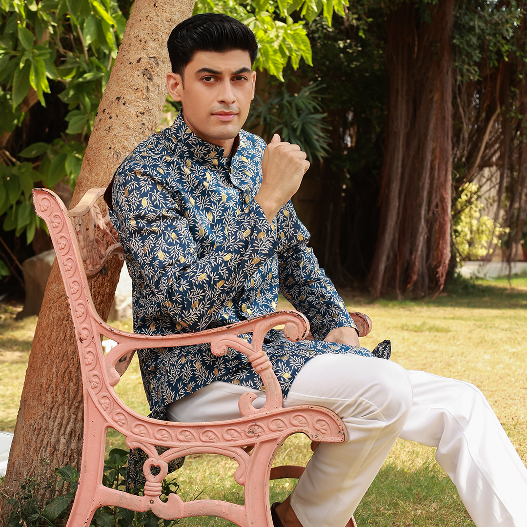 Men's Blue Pure Cotton Linen Kurta Set with Waistcoat & Wide Leg Trouser
