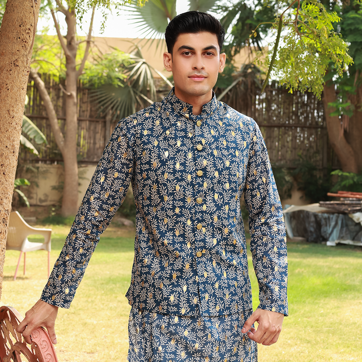 Men's Blue Pure Cotton Linen Kurta Set with Waistcoat & Wide Leg Trouser