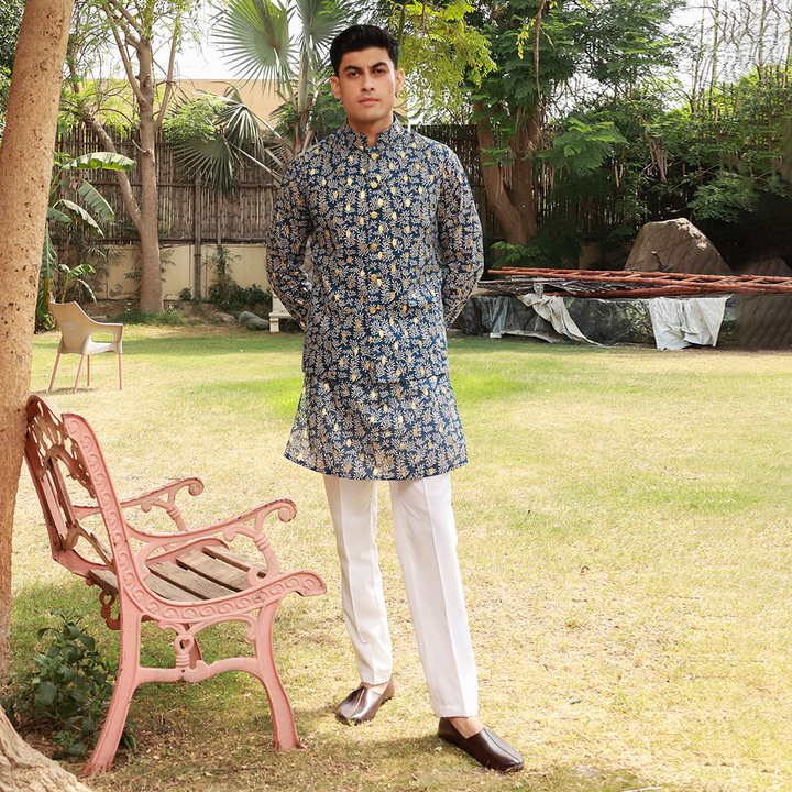 Men's Blue Pure Cotton Linen Kurta Set with Waistcoat & Wide Leg Trouser