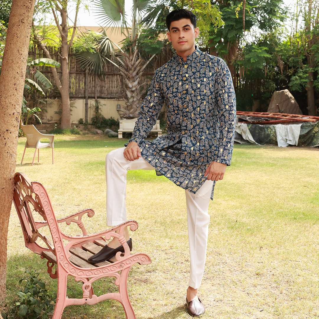 Men's Blue Pure Cotton Linen Kurta Set with Waistcoat & Wide Leg Trouser