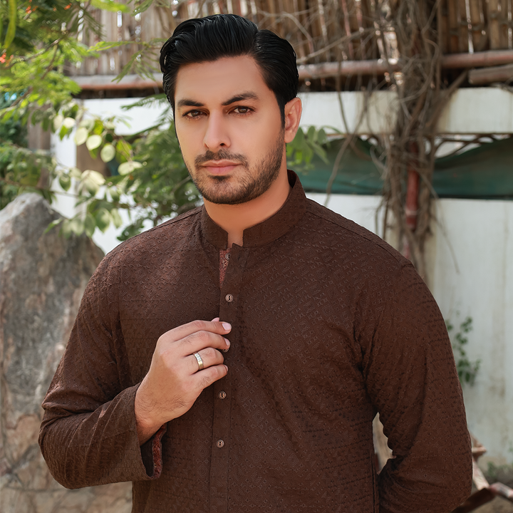 Coffee Brown Schiffli Cotton Emb Slim Fit Kurta