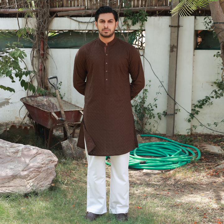 Coffee Brown Schiffli Cotton Emb Slim Fit Kurta