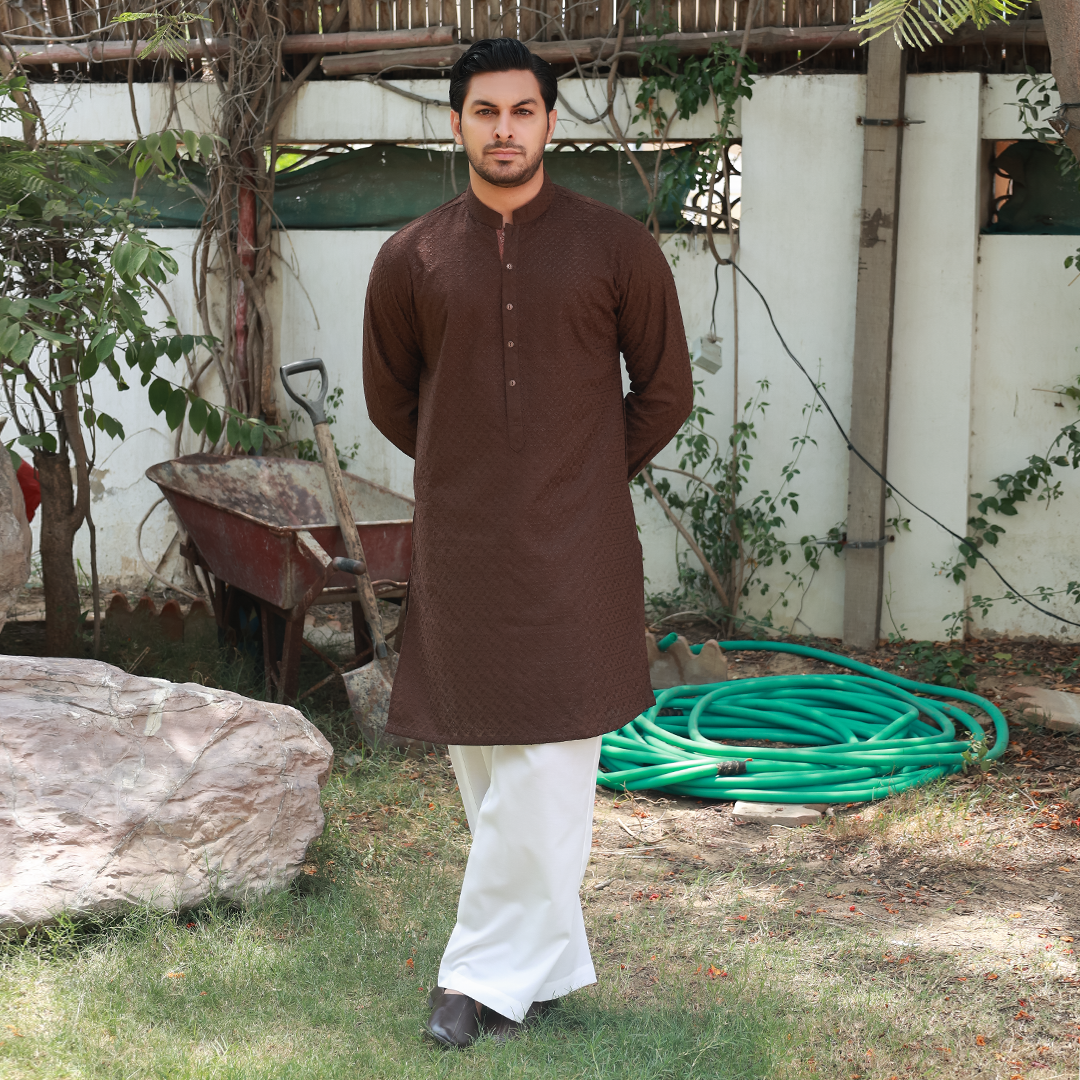 Coffee Brown Schiffli Cotton Emb Slim Fit Kurta