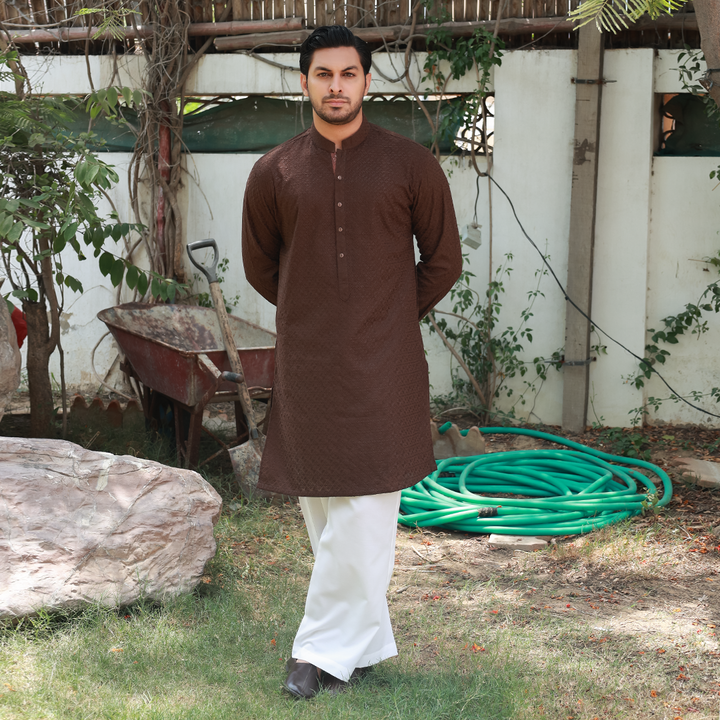 Coffee Brown Schiffli Cotton Emb Slim Fit Kurta