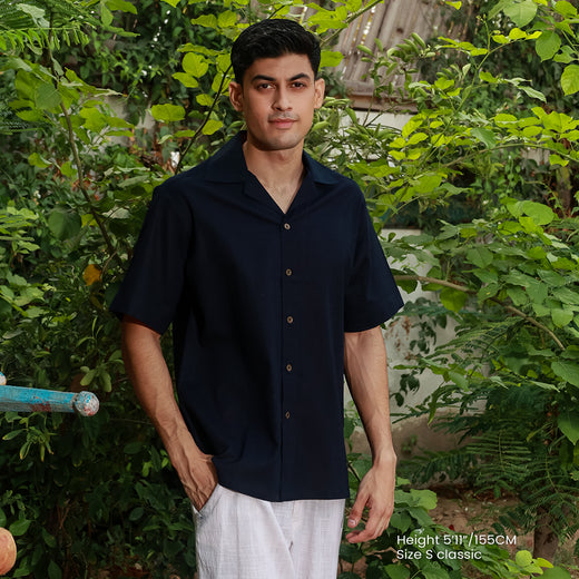 Men's Linen Navy Blue Cuban Collar Shirt